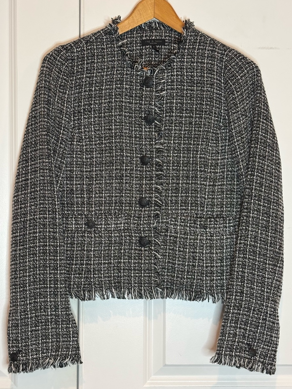 Rag & Bone Carmen Black White Tweed Fringe Crop Blazer Jacket 4 - Picture 2 of 8